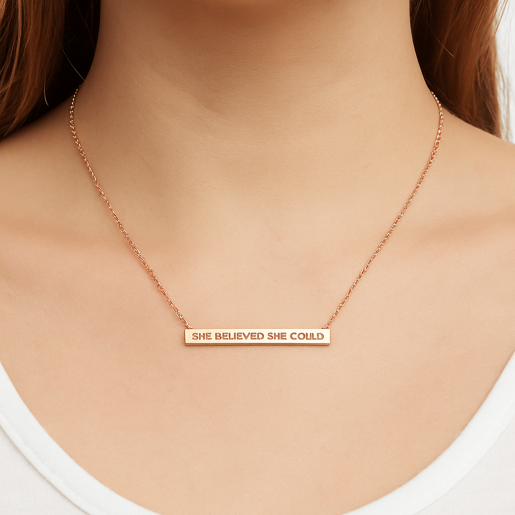“She Believed She Could” Horizontal Metal Bar Pendant Gold Dipped Necklace