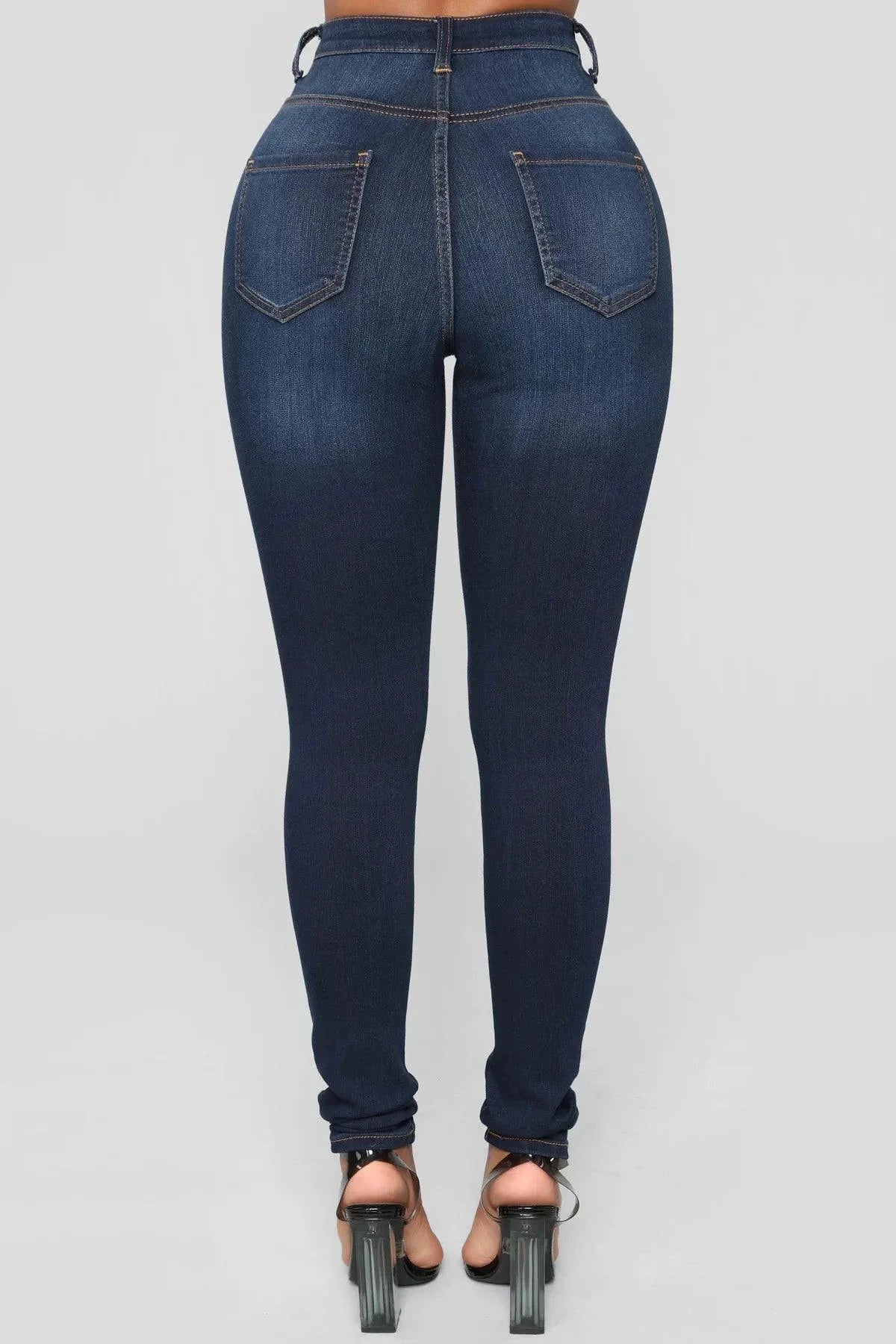 Women High Waist Stretch Hip Lift Denim Skinny Pants Jeans Full Length Sexy Slim Bleachded Solid Color Pants